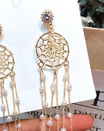1Pair Dreamcatcher Beaded Tassel Rhinestone Earrings